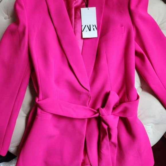 ZARA BELTED TUXEDO COLLAR BLAZER NEON FUSCHIA - Picture 12 of 13